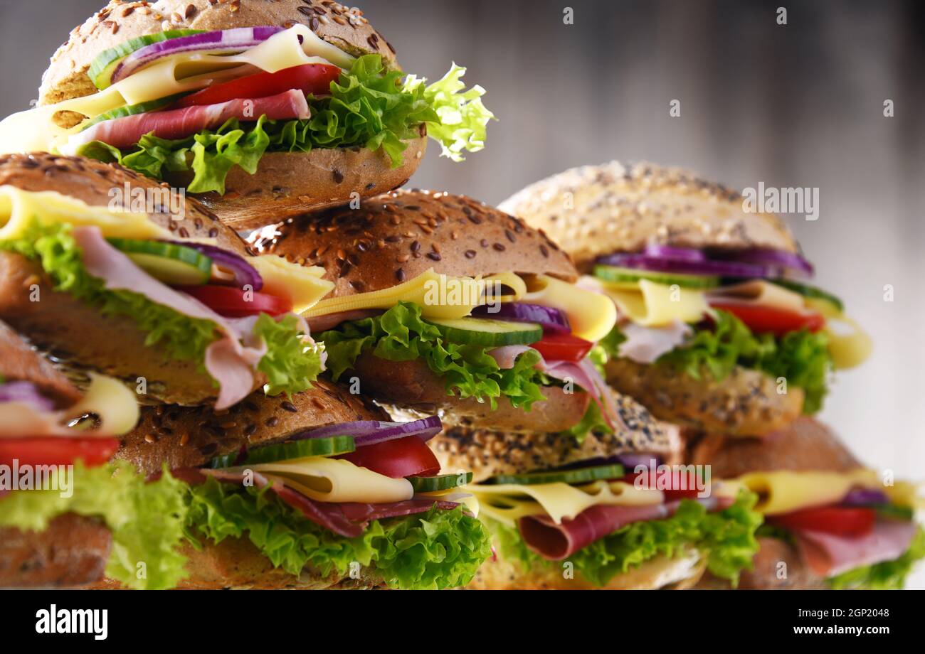Ham and cheese sandwiches displayed for sale Stock Photo Alamy