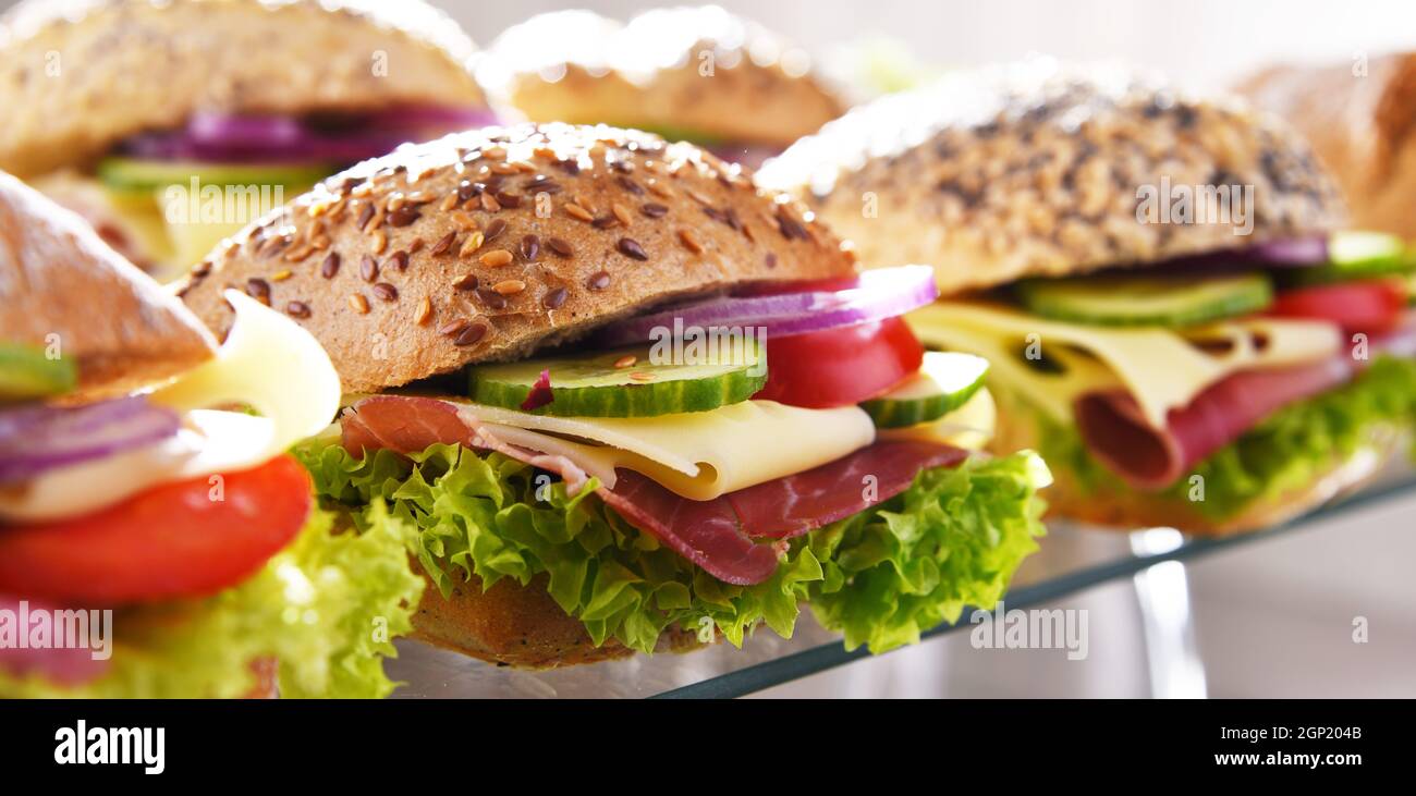 Ham and cheese sandwiches displayed for sale Stock Photo Alamy