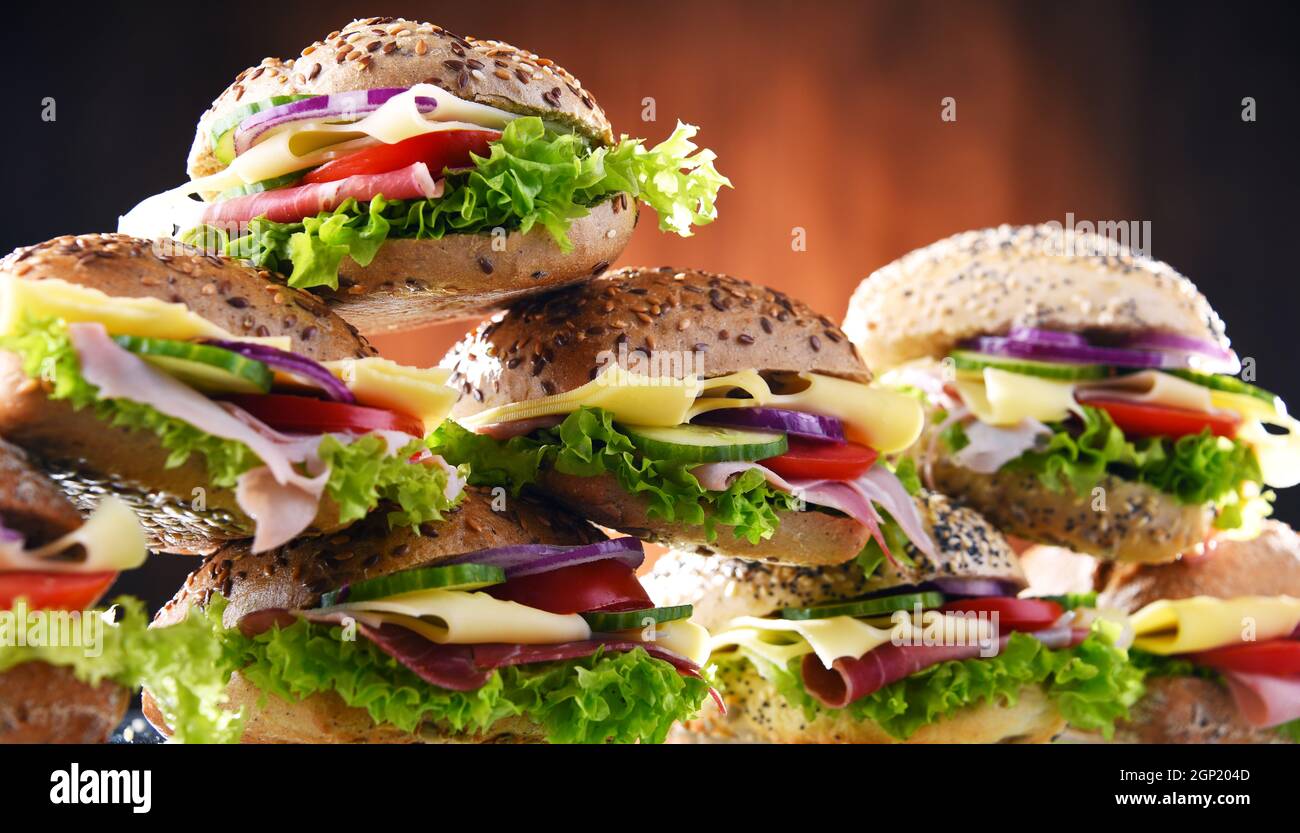 Ham and cheese sandwiches displayed for sale Stock Photo Alamy