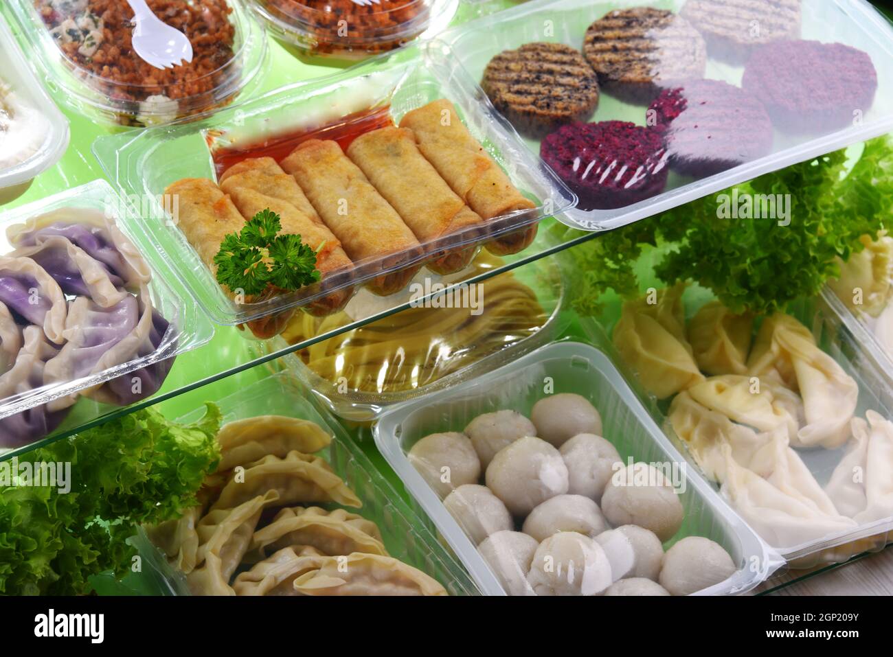 A variety of prepackaged food products in plastic boxes Stock Photo Alamy