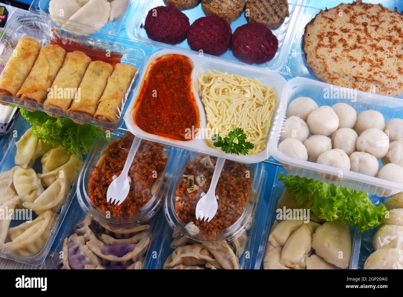 A variety of prepackaged food products in plastic boxes Stock Photo Alamy