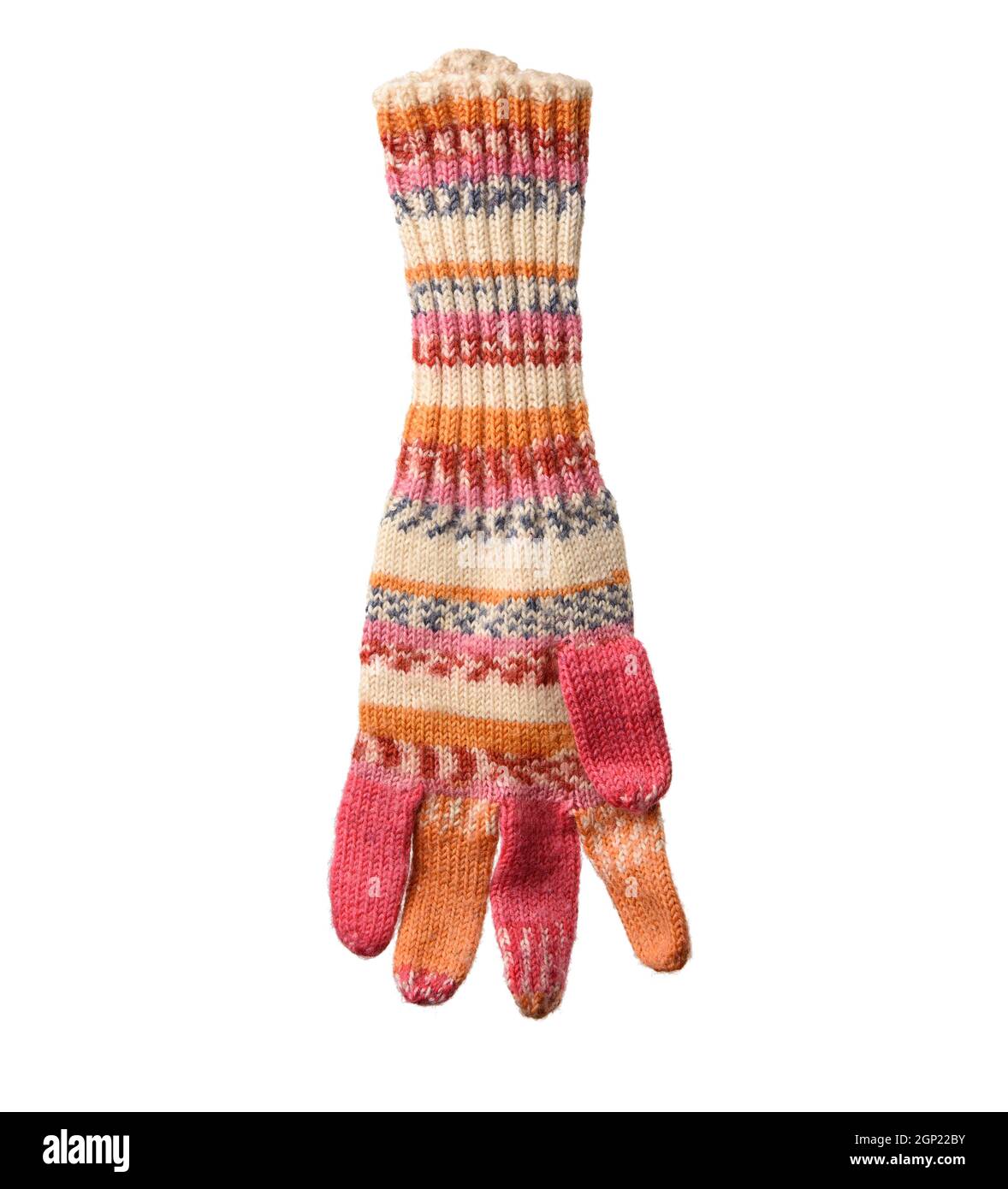 knitted woolen mitten from multi-colored threads, isolated on white background, close up Stock Photo