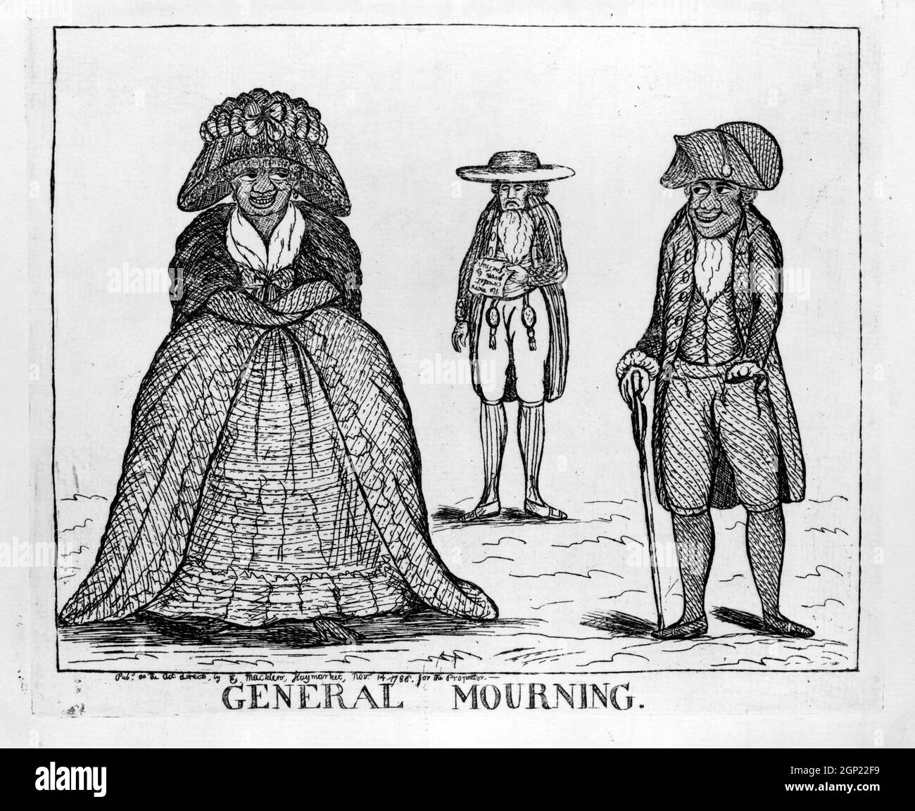 Vintage illustration printed November 14th 1786 entitled 'General Mourning' showing a happy well dressed Afro Caribbean man and woman while their former master and slave owner stands in the background looking unhappy with piece of paper on which is written 'No more credit given by' Stock Photo