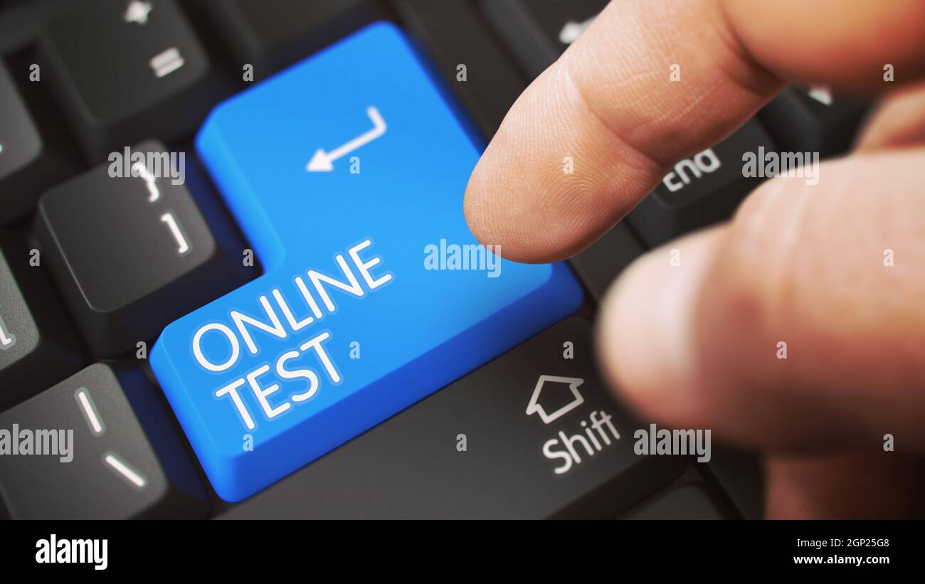 Close Up view of Male Hand Touching Blue ONLINE TEST Computer Button. 3D. Stock Photo