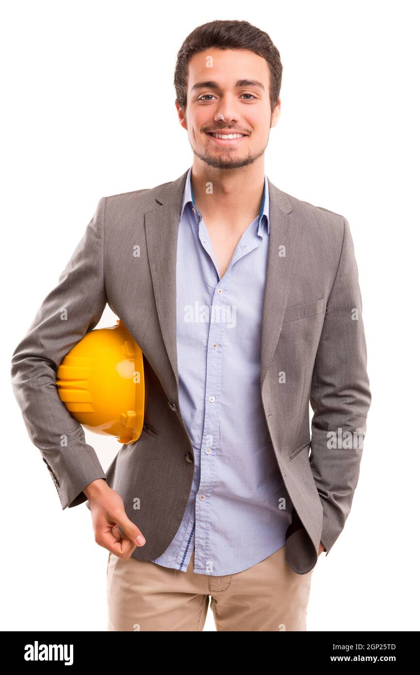 Handsome young engineer posing isolated over white background Stock Photo