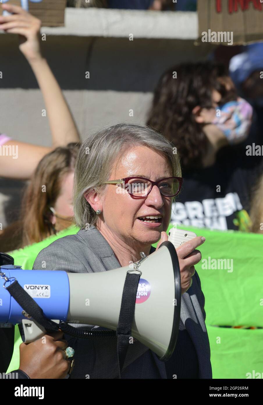 Baroness Natalie Bennett, former leader of the Green Party of England and Wales, in Parliament Square, Sept 2021 at a Fridays for Future environmental Stock Photo