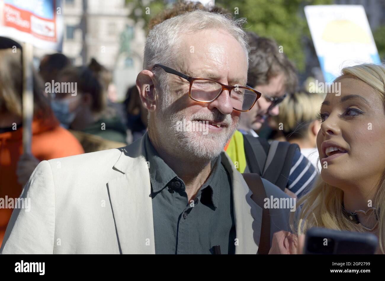 Jeremy Corbyn MP at Fridays for Future environmental protest in Parliament Square, Sept 2021 Stock Photo