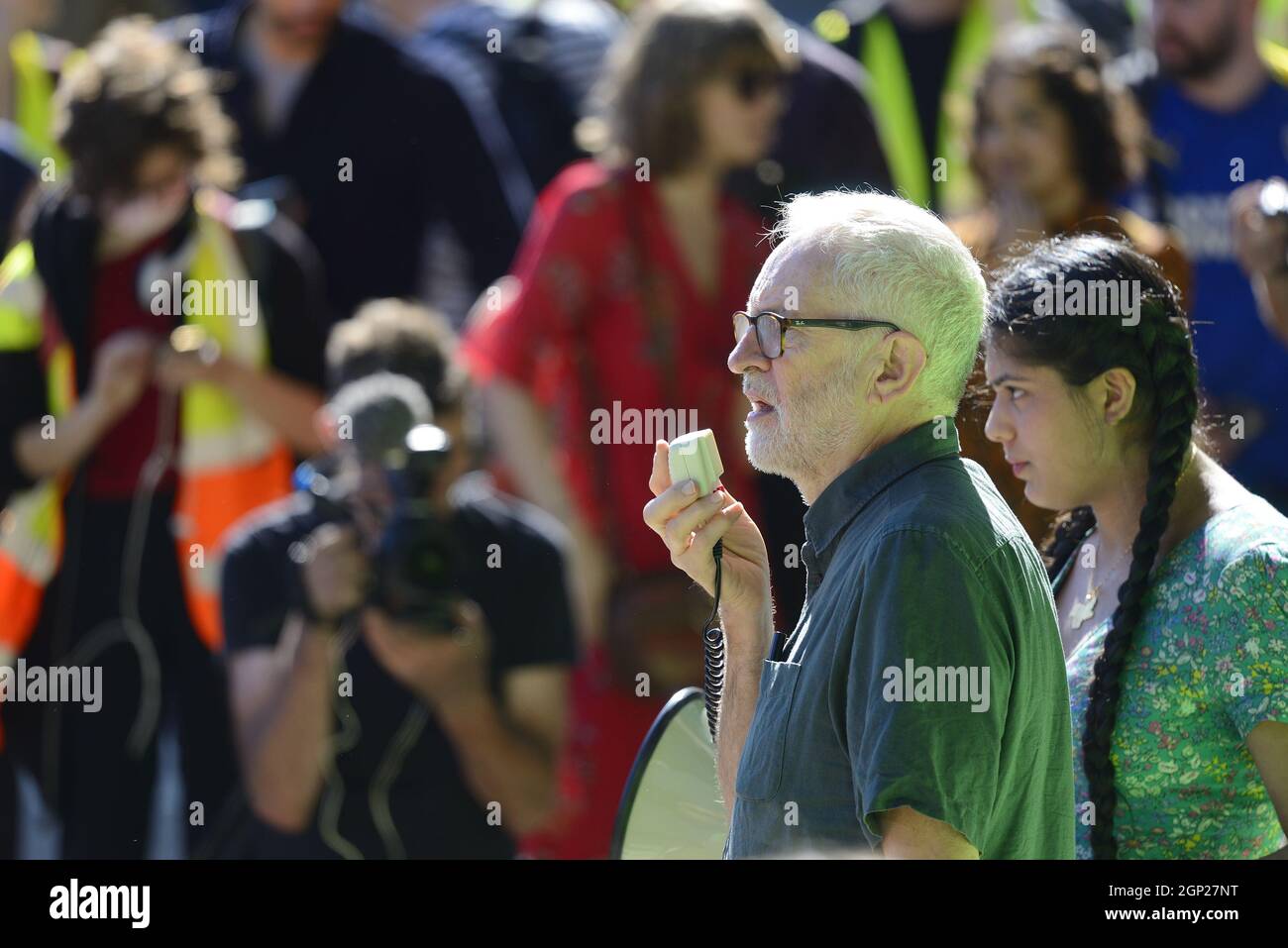 Jeremy Corbyn MP at a Fridays for Future environmental protest in Parliament Square, Sept 2021 Stock Photo
