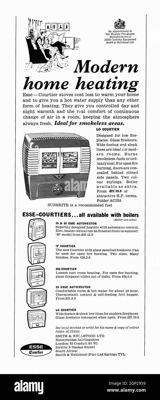A 1960s advert for a Esse stove, a solid-fuel stove. The advert appeared in a magazine published in the UK in October 1962. The advert emphasises that the heater can use coal or smokeless fuel and heat water via a back-boiler as well as heat the room. In the 1800s James Smith established a business making American enclosed cooking ranges, initially at the foundry of George Ure at Bonnybridge, Stirlingshire, Scotland, UK. The business prospered and today Esse range cookers and stoves are made in Barnoldswick, Lancashire, England – vintage 1960s graphics. Stock Photo