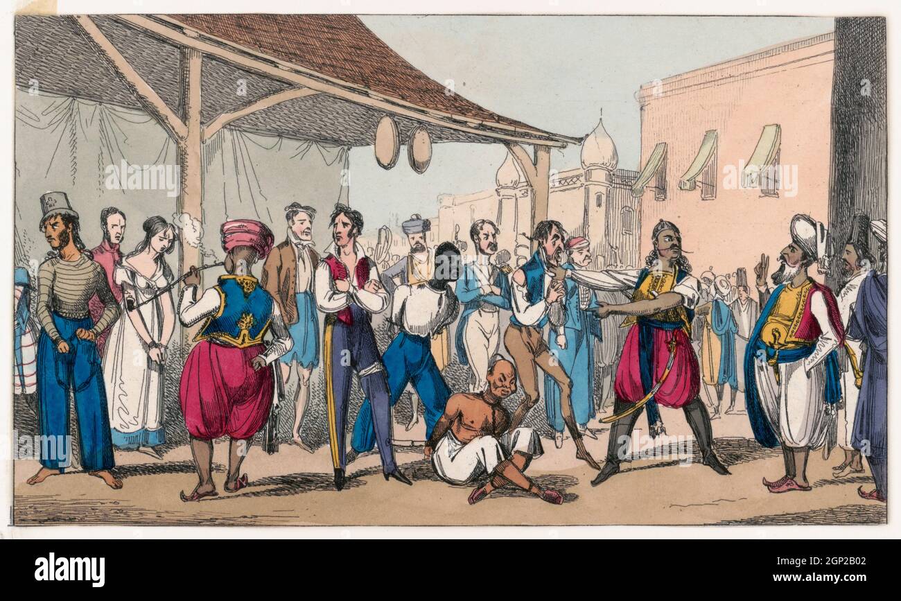 Vintage illustration circa 1820 showing Europeans and Asians being sold into slavery at a slave market in Turkey.   Slavery in the Ottoman Empire was a legal and significant part of the Ottoman Empire's economy and traditional society with the practice continuing into the early 20th century.   Hundreds of thousands of Europeans were captured by Barbary pirates and sold as slaves in North Africa and the Ottoman Empire between the 16th and 19th centuries Stock Photo