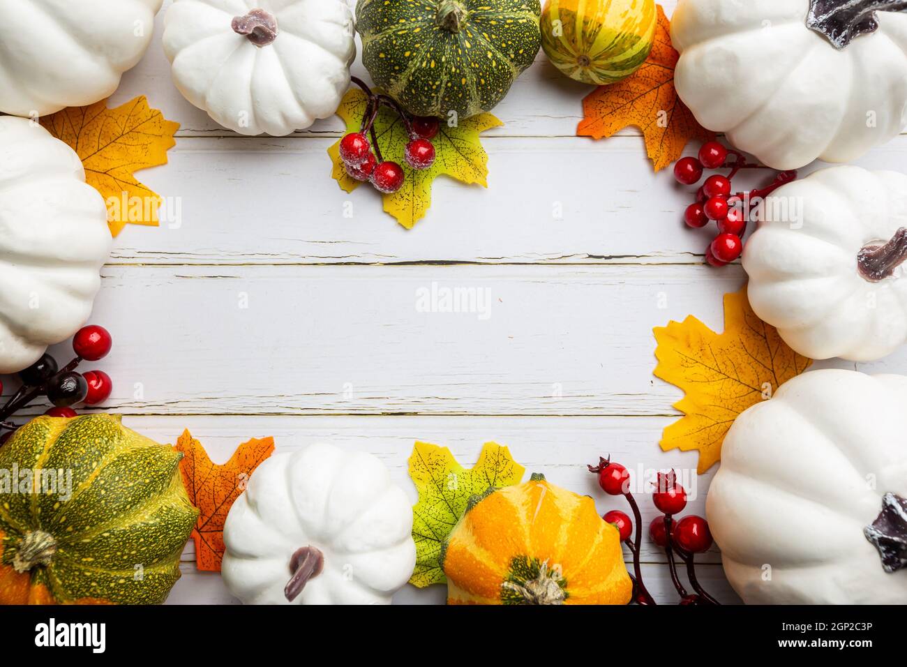 Autumn side border of white pumpkins and autumn leaves over a rustic ...