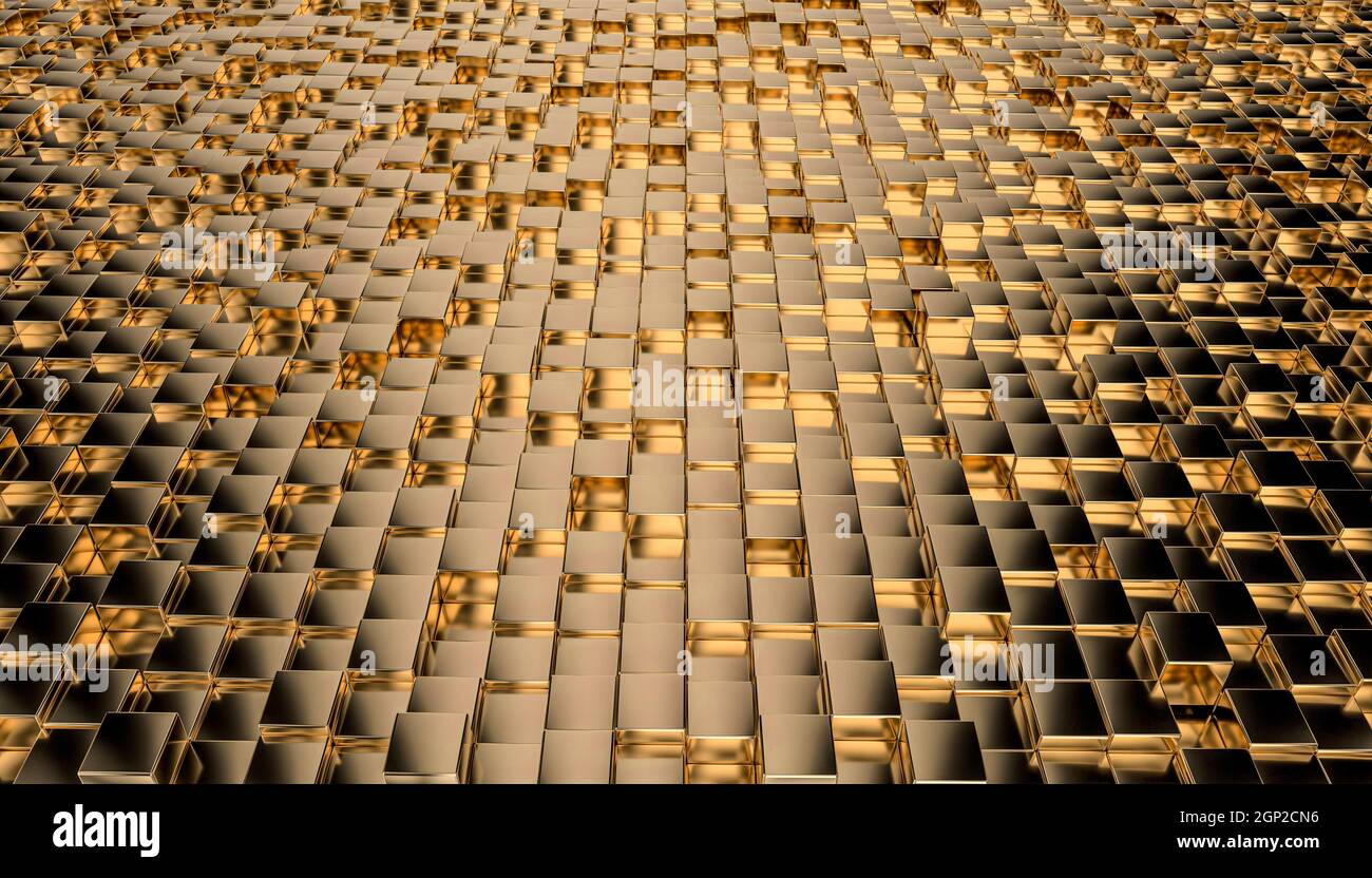 gold geometric background with mosaic cubes. 3d render Stock Photo
