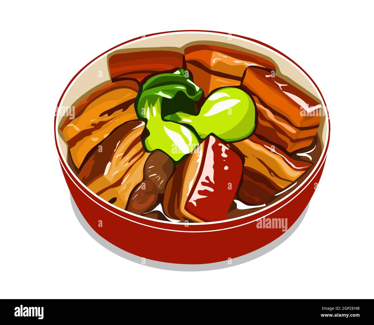 A bowl of stewed pork on white background. Isolated close up hand drawing vector Illustration. Stock Vector