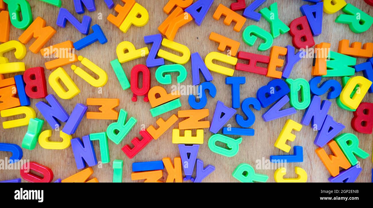 Close up of colorful toy letters in the kindergarten Stock Photo - Alamy