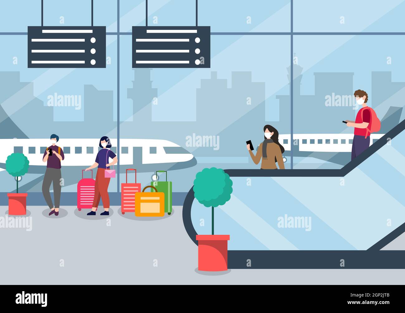 New norma, Vector illustration People in Masks Standing on Escalator ...