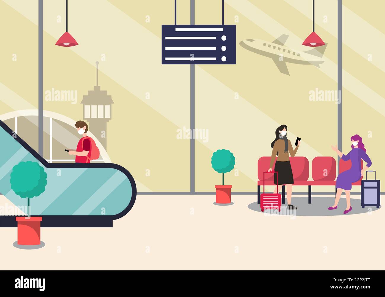 New norma, Vector illustration People in Masks Standing on Escalator ...