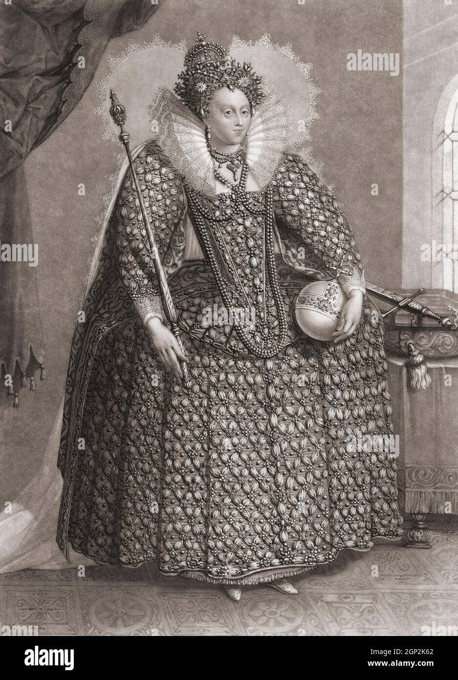 Elizabeth I, 1533 - 1603, Queen of England and Ireland.  After an engraving by Charles Turner published in 1840 with the following caption:  Her Sacred Majesty Queen Elizabeth, in the superb dress in which she went to St. Paul's to return thanks for the defeat of the Spanish Armada. Stock Photo