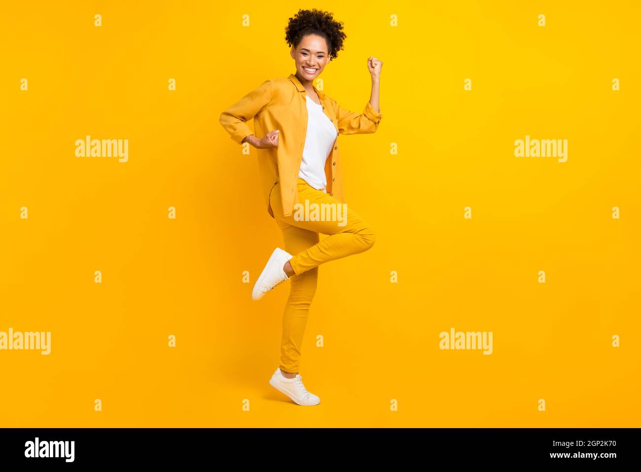 Full body profile side photo of young excited african girl celebrate ...