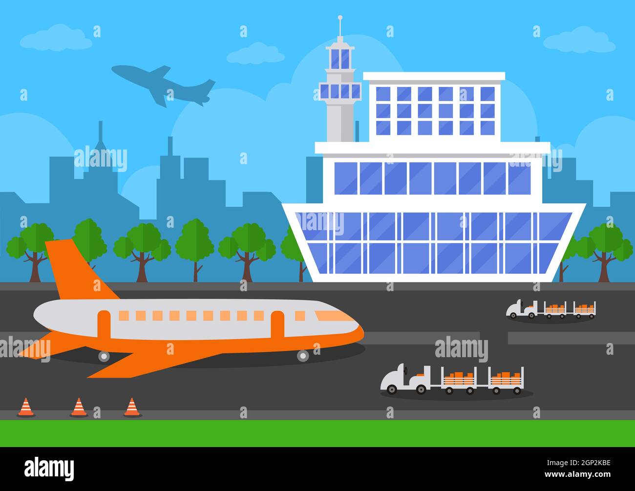 Airport Terminal building with infographic aircraft taking off and