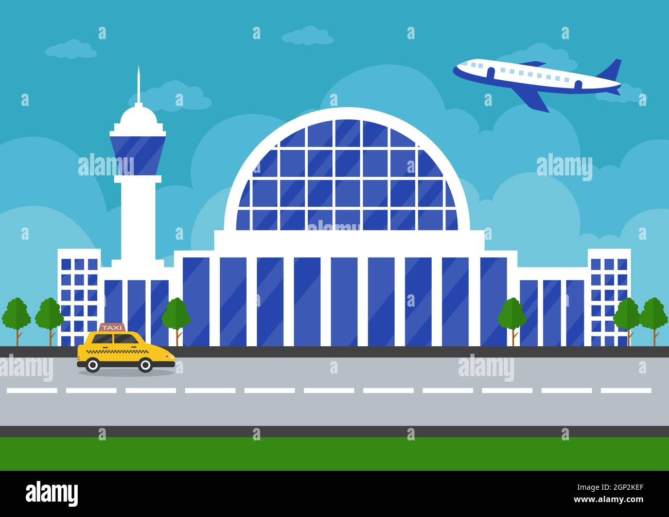 Airport Terminal building with infographic aircraft taking off and