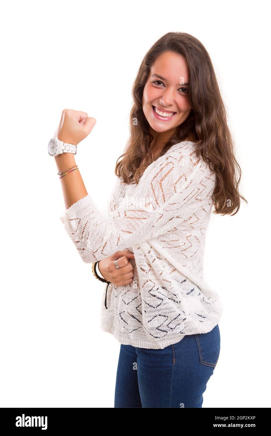 Studio shot: Happy woman with raised arms Stock Photo - Alamy