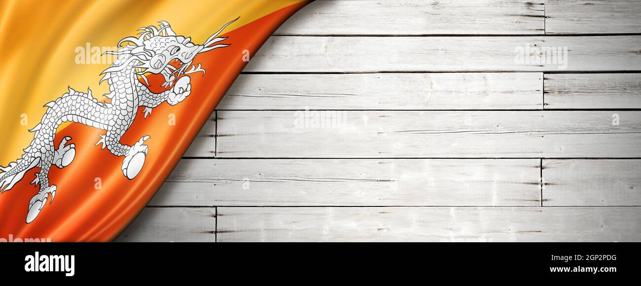 bhutan flag on old white wall. Horizontal panoramic banner Stock Photo ...