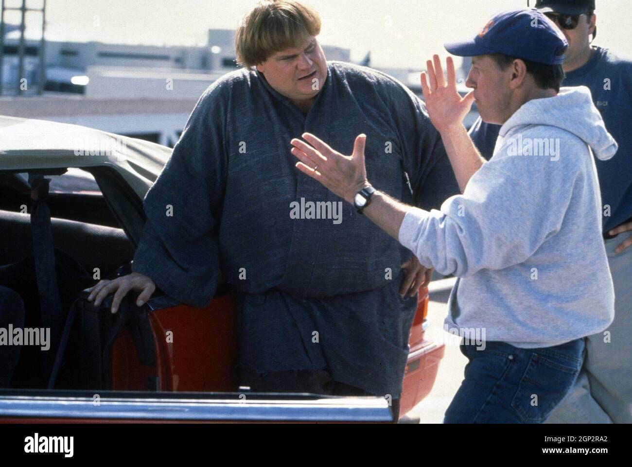 BEVERLY HILLS NINJA, from left: Chris Farley, director Dennis Dugan, on set, 1997. © TriStar Pictures /courtesy Everett Collection Stock Photo