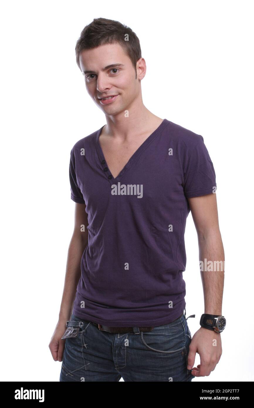 Young casual man posing, isolated in white background Stock Photo - Alamy
