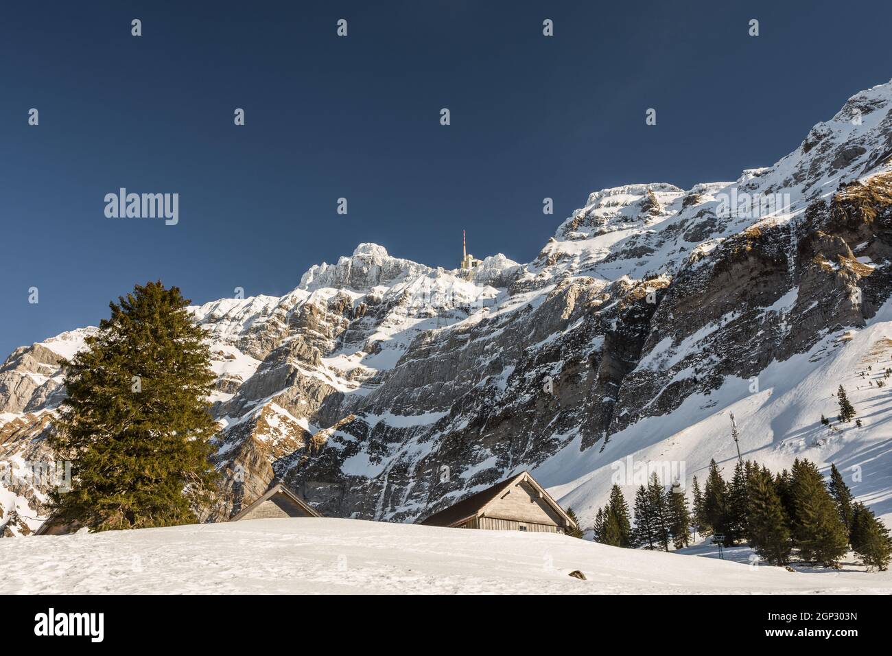 Winter landscape on the Schwaegalp with Saentis, Canton Appenzell Ausserrhoden, Switzerland Stock Photo