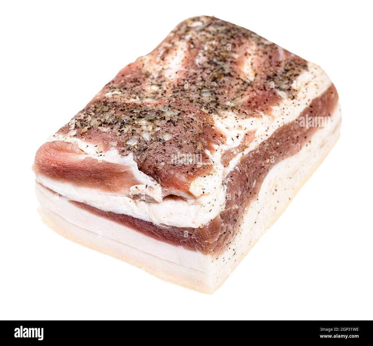 piece of salted Salo (pork fatback) with meat layers isolated on white