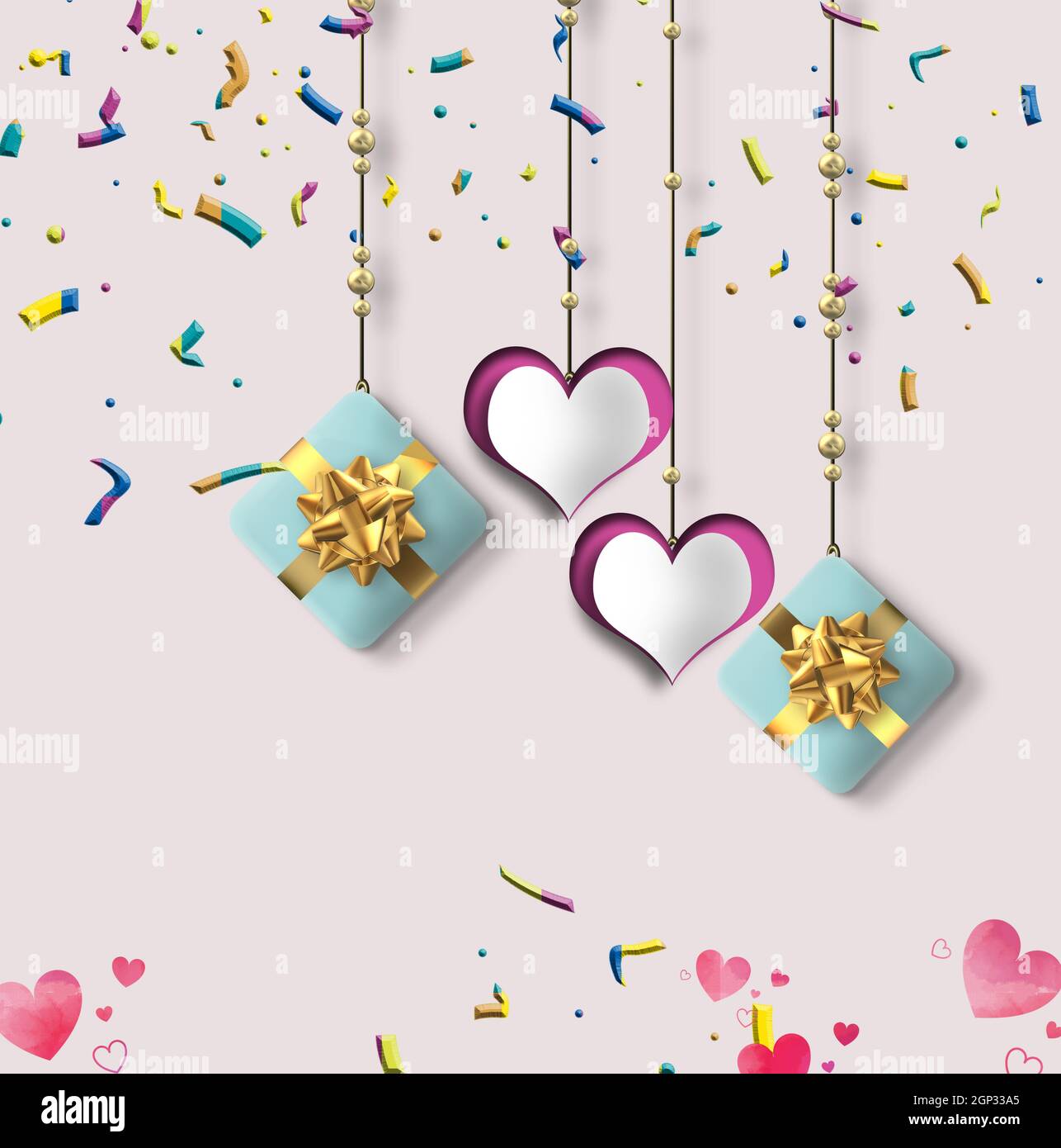 Love card with hanging hearts, gift boxes, confetti on pastel pink ...