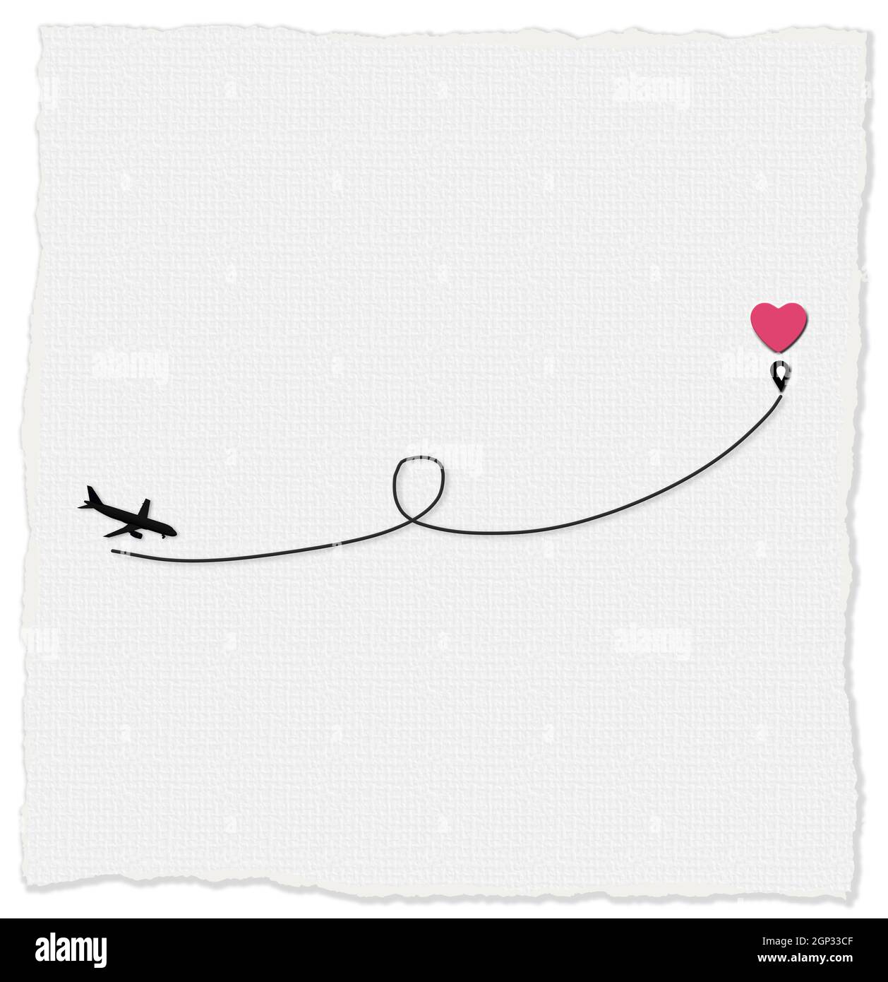 Love airplane route to destination point pink heart. Romantic travel, heart, plane route, path. Valentines card, love concept, isolated on white backg Stock Photo