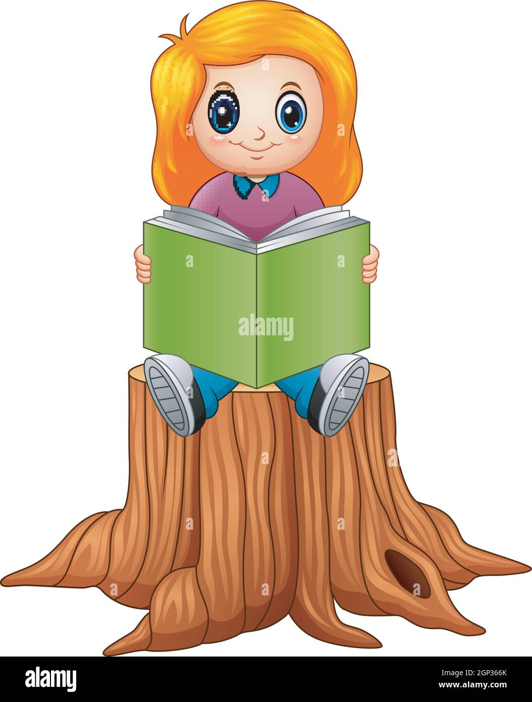 Little girl reading book over tree stump Stock Vector