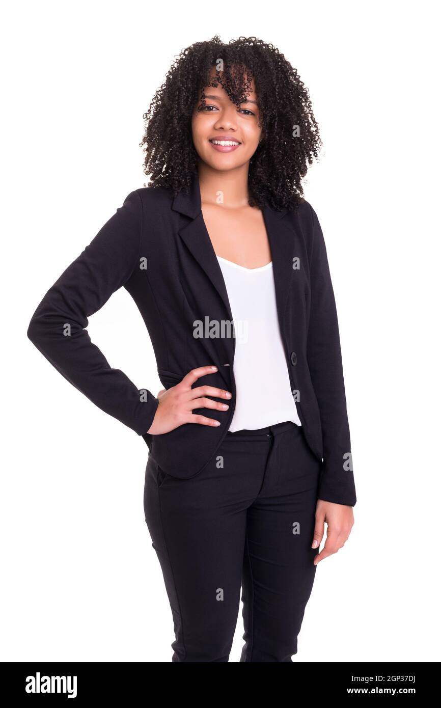 Beautiful african business woman posing isolated over white background ...