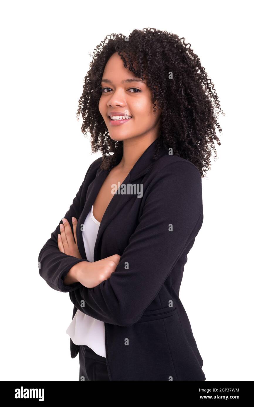 Beautiful african business woman posing isolated over white background ...