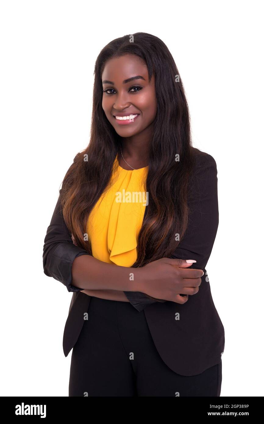 Beautiful african business woman posing isolated over white background ...