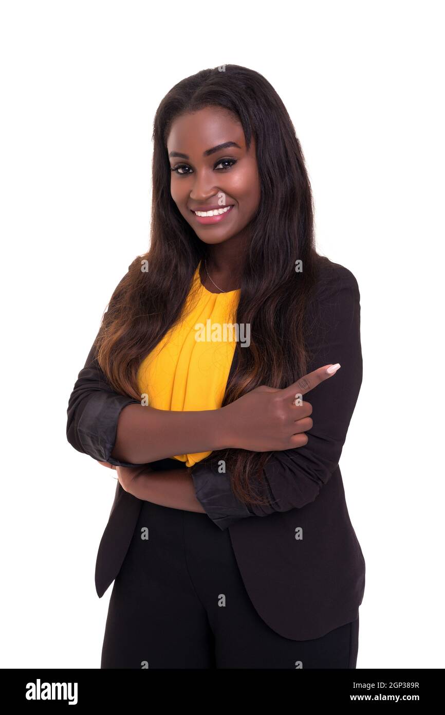 Beautiful african business woman posing isolated over white background ...