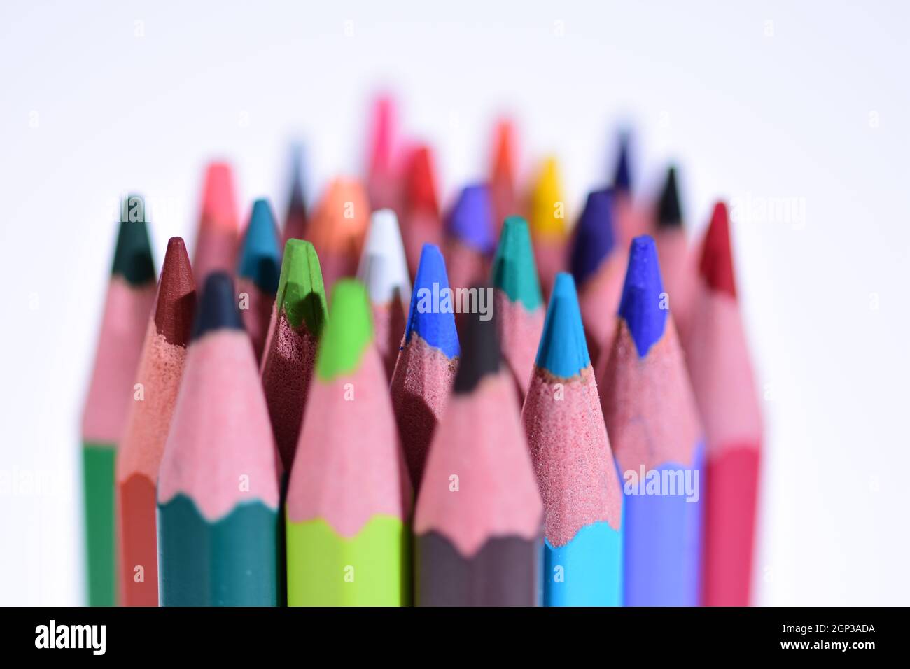 Multi-colored pencils sharpened on a white background, depth of field. Background. Stock Photo