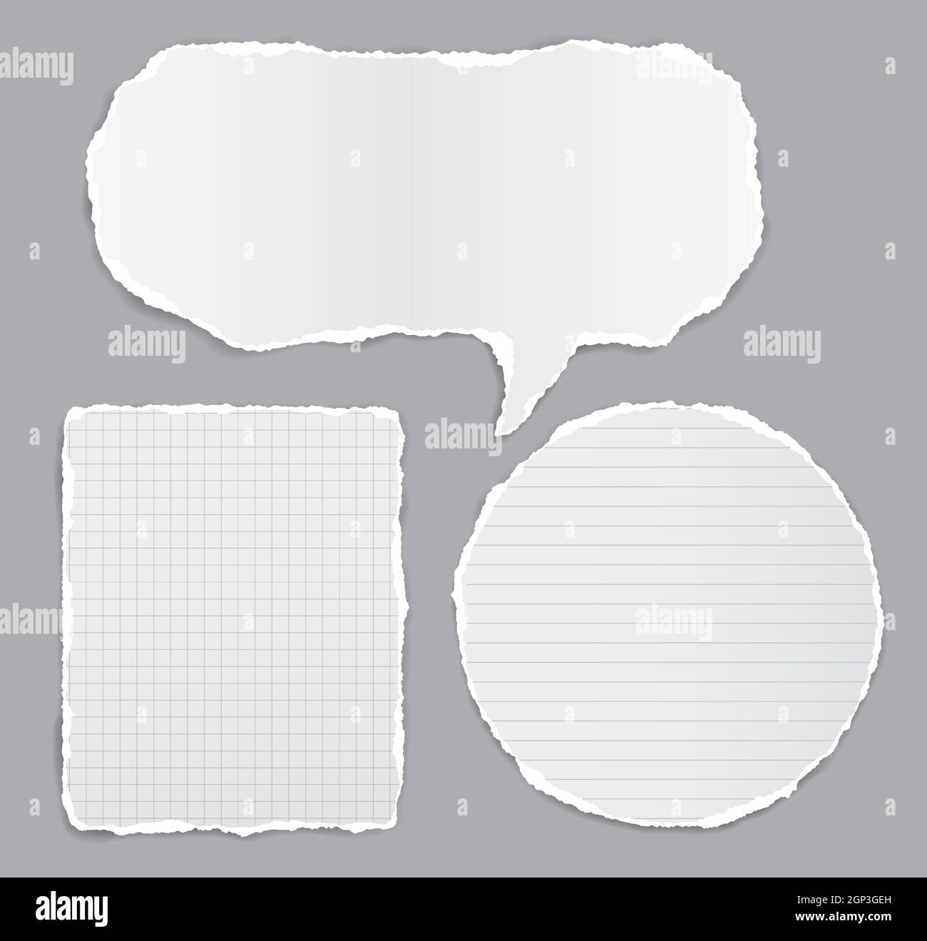 Set of torn white note, notebook paper stripes and speech bubble stuck on dark grey background for text, advertising. Vector illustration Stock Vector