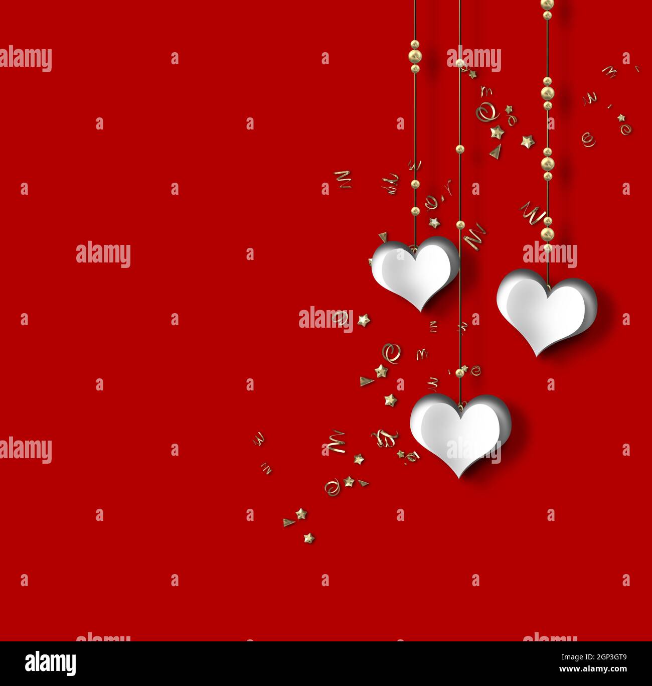 Love card with hanging paper hearts on red background, gold confetti ...