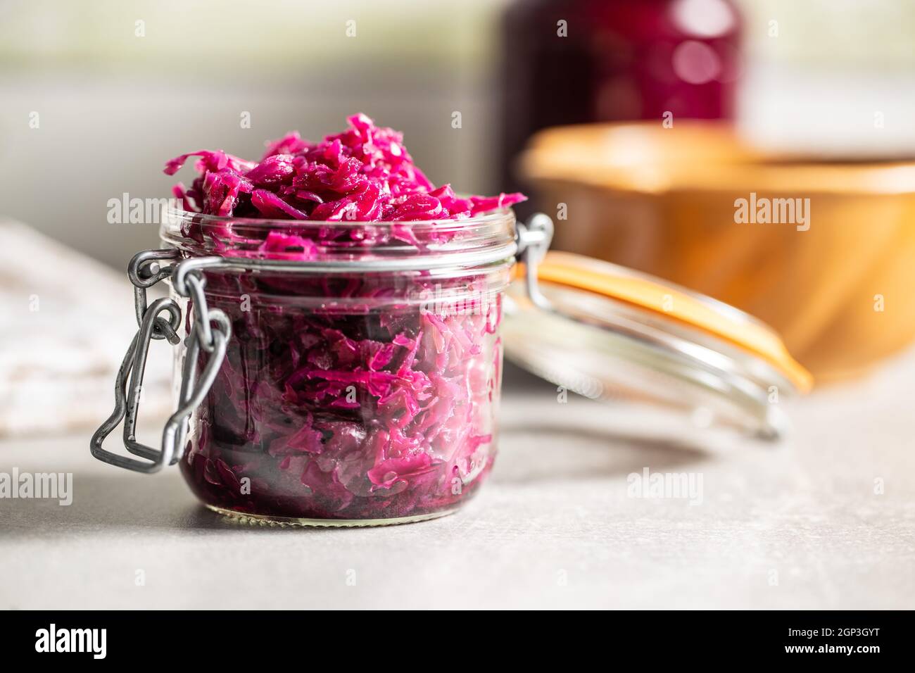 Red sauerkraut. Sour pickled cabbage Stock Photo