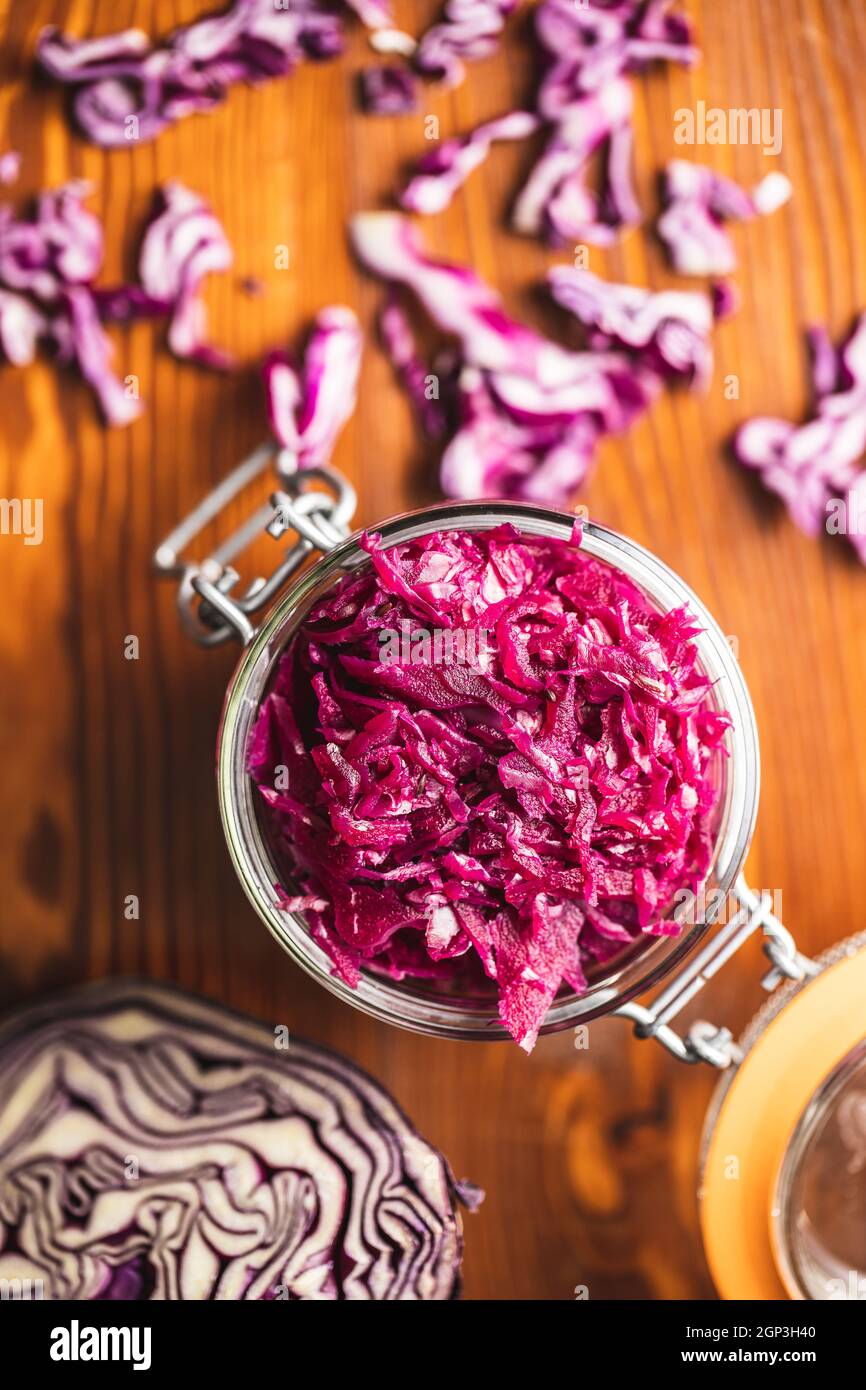 Red sauerkraut. Sour pickled cabbage in jar. Top view Stock Photo Alamy