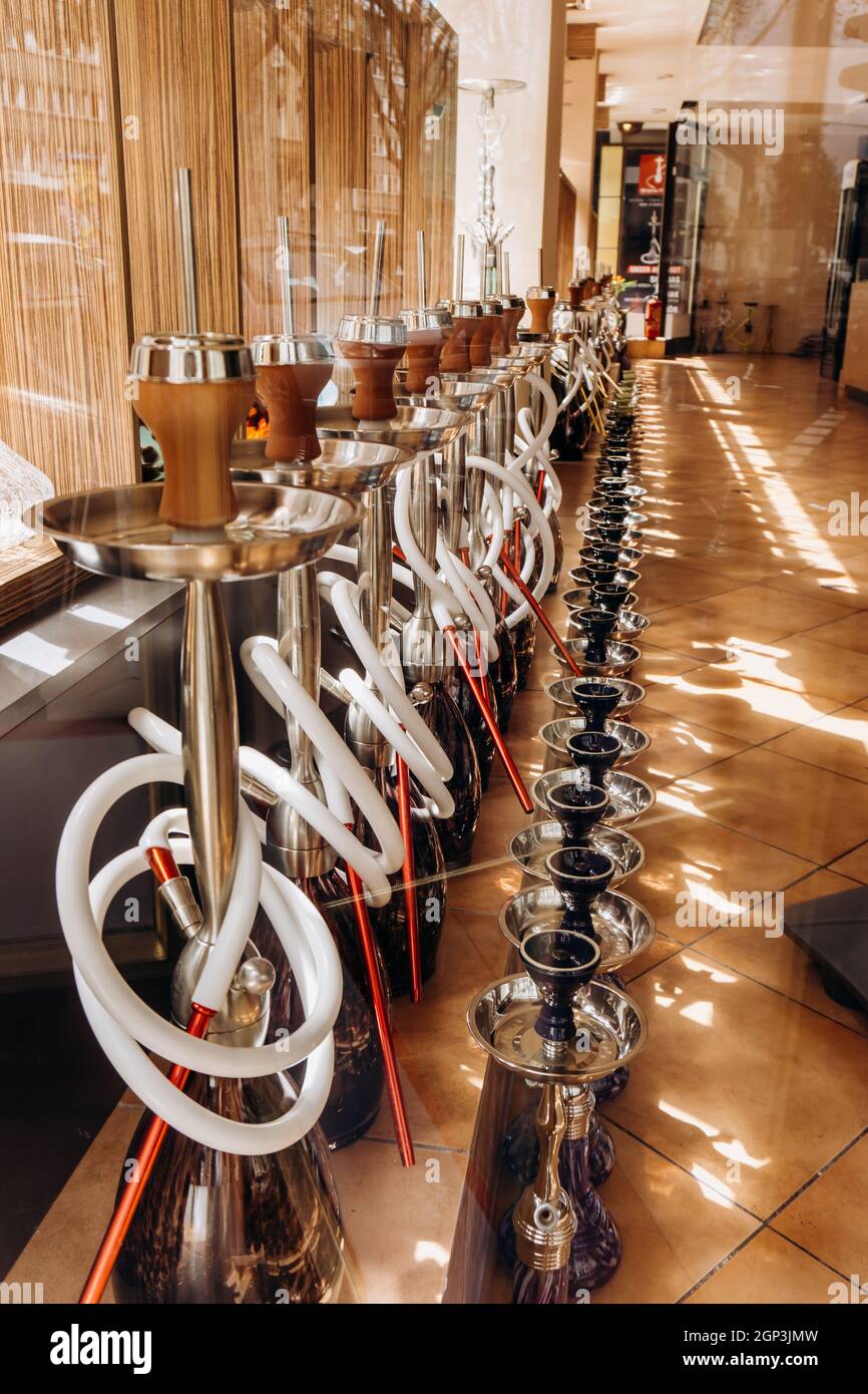 Hookah in souvenir shop. Hookahs on display in the store. A lot of