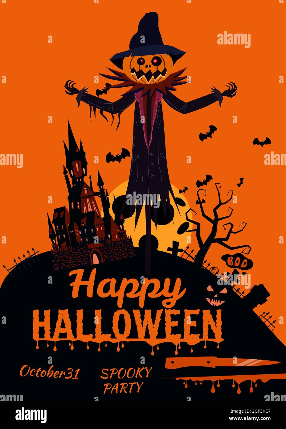 Happy Halloween poster, scary smiles pumpkins, night cemetery, haunted dark castle, ghost, witch 