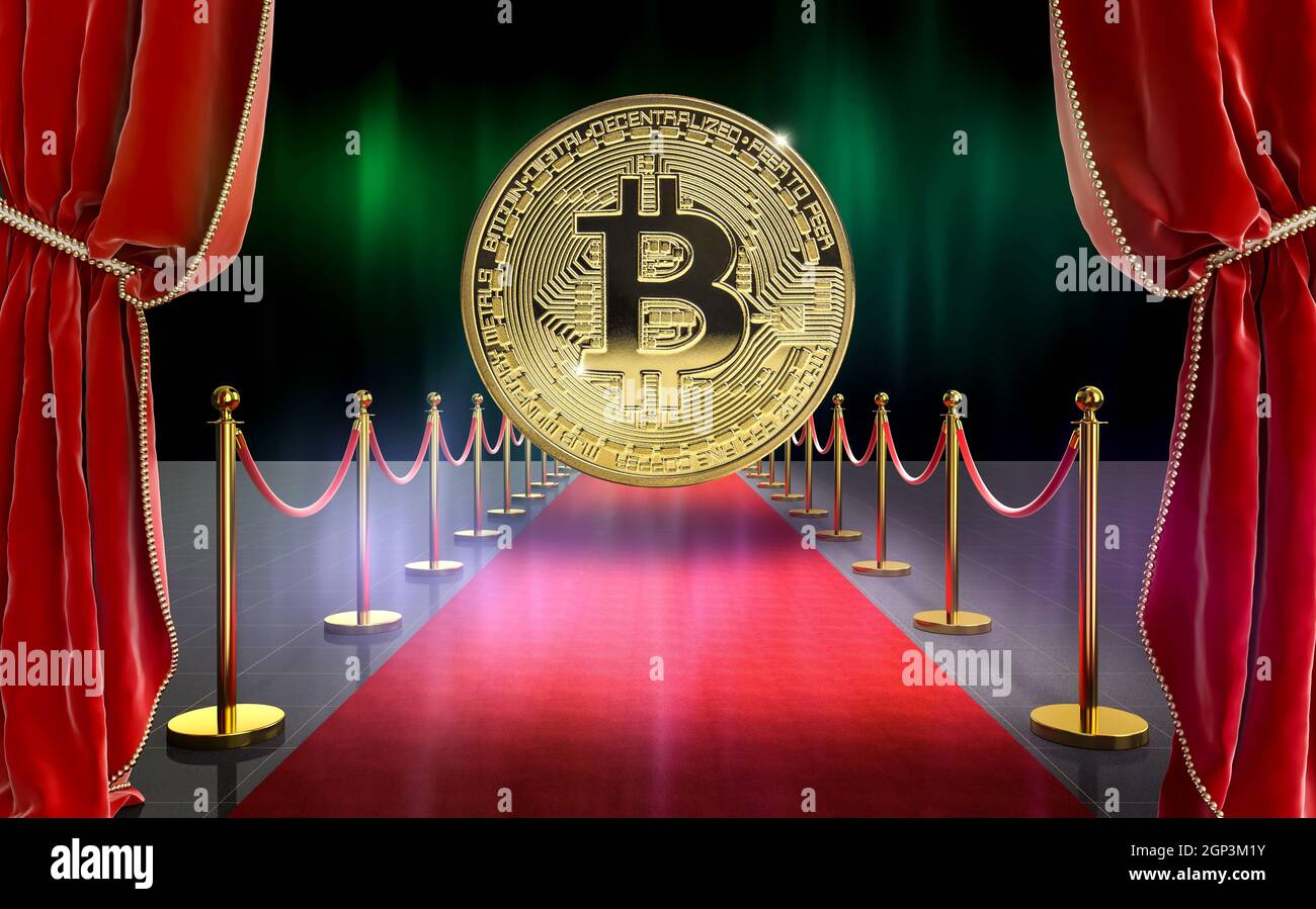 big gold coin of bitcoin on red carpet with velvet curtains. crypto  currency concept. 3d render Stock Photo - Alamy