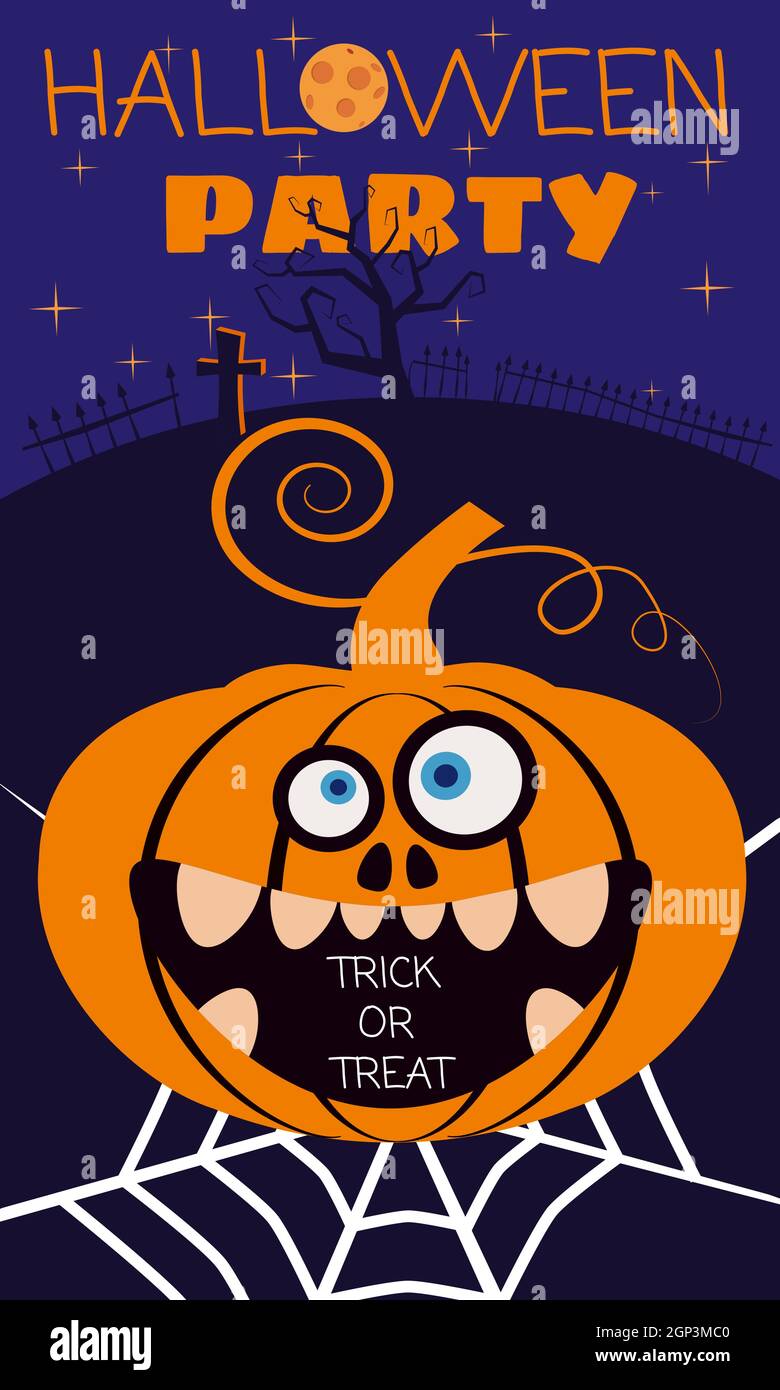 Halloween Party holiday greeting card merry pumpkin in spider web ...