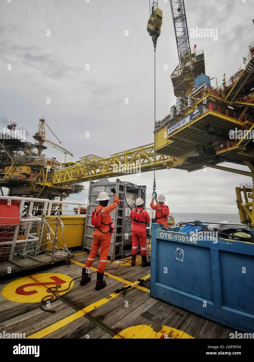 marine crew get ready to transfer oil platform personal to oil platform when weather in good condition Stock Photo