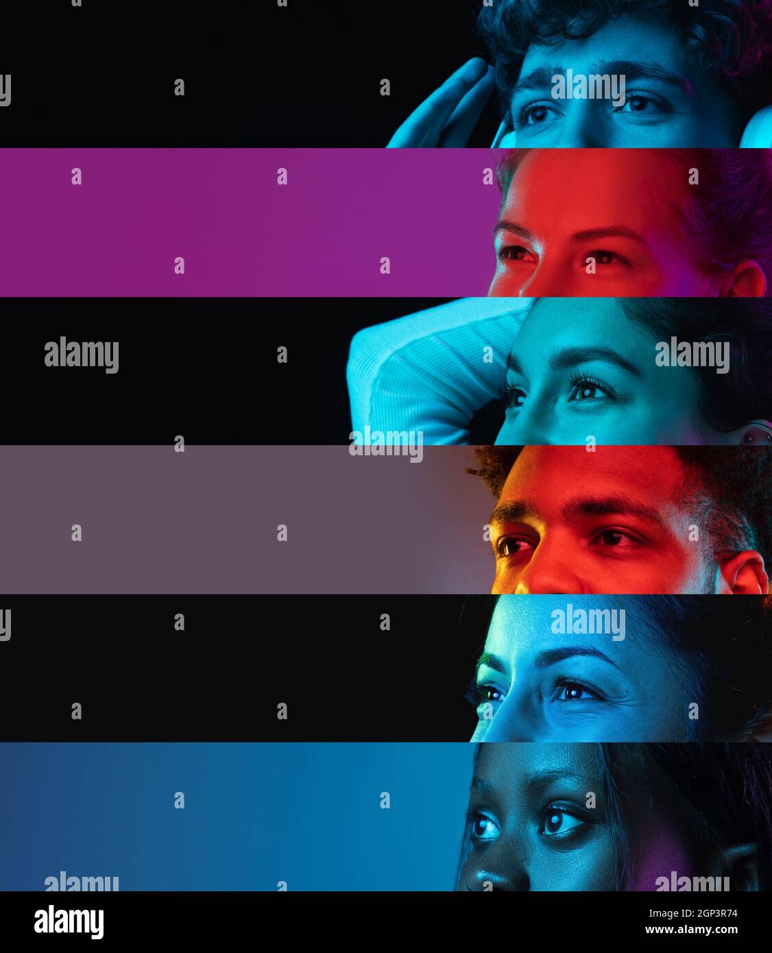 Collage of cropped male and female faces, eyes placed on the right ...