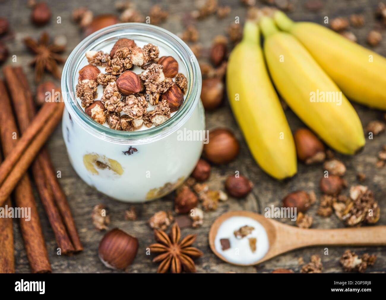 Serving of Yogurt with Muesli, Banana and Nuts Stock Photo Alamy