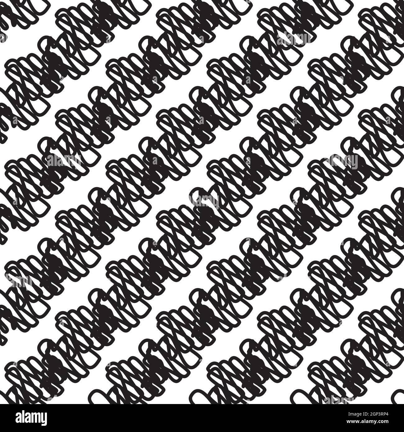 Abstract scalloped ribbon yarn effect seamless vector pattern background. Geometric black and white backdrop with diagonal scribbled doodle stripes Stock Vector